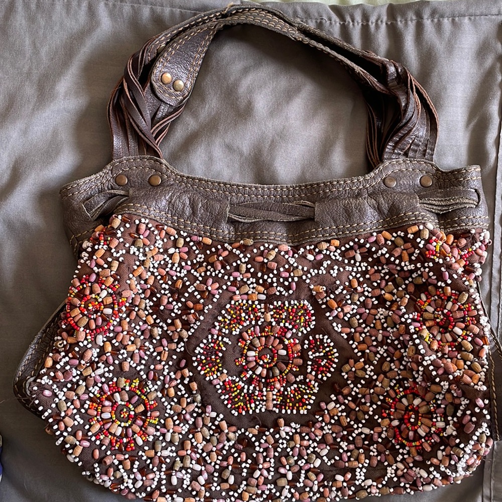 Lucky Brand Multi-Color Beaded And Leather Bohemian  Shoulder Bag Purse